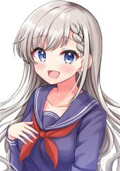 Rule 34 | 1girl, :d, absurdres, bad id, bad pixiv id, blue eyes, blue sailor collar, blue shirt, blush, braid, braided bangs, collarbone, commentary request, earrings, grey hair, hand up, highres, hisakawa hayate, idolmaster, idolmaster cinderella girls, idolmaster cinderella girls starlight stage, jewelry, long hair, long sleeves, looking at viewer, mitsumine raimu, neckerchief, open mouth, red neckerchief, sailor collar, school uniform, serafuku, shirt, simple background, smile, solo, upper body, white background