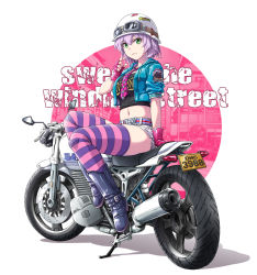 Rule 34 | 1girl, absurdres, crop top, cropped jacket, fingerless gloves, fish.boy, gloves, green eyes, helmet, highres, jacket, midriff, navel, necktie, open clothes, open jacket, original, purple hair, short hair, shorts, sitting, solo, striped clothes, striped thighhighs, thighhighs