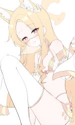 Rule 34 | 1girl, adapted costume, animal ear fluff, animal ears, bare shoulders, blonde hair, blue archive, blush, breasts, closed mouth, comorebi, dancer, detached sleeves, extra ears, fox ears, halo, highres, long hair, looking at viewer, seia (blue archive), simple background, small breasts, smile, solo, thighhighs, white background, white sleeves, white thighhighs, yellow eyes, yellow halo