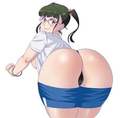 Rule 34 | 1girl, ass, bent over, black panties, blue shorts, blunt bangs, bracelet, breasts, cameltoe, closed mouth, cowboy shot, donchibi, from behind, glasses, green hair, huge ass, jewelry, large breasts, looking at viewer, looking back, nikuko (galko), open clothes, oshiete! galko-chan, panties, pink-framed eyewear, shirt, shorts, simple background, smile, solo, sportswear, thong, twintails, underwear, white background, white shirt, yellow eyes