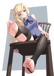 Rule 34 | 1girl, absurdres, barefoot, black neckwear, black thighhighs, blonde hair, blush, border, breasts, chair, feet, foot focus, from below, full body, highres, leaning to the side, long hair, looking at viewer, medium breasts, neck ribbon, original, pompmaker1, purple eyes, ribbon, sitting, sleeveless, soles, solo, stirrup legwear, thighhighs, toe scrunch, toeless legwear, toes, white border