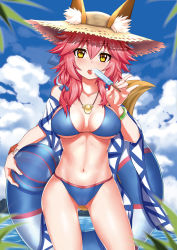 Rule 34 | 1girl, absurdres, animal ears, bikini, blue bikini, blue bow, blue ribbon, blush, bow, breasts, caibao return, cleavage, collarbone, ears through headwear, fate/grand order, fate (series), food, fox ears, fox tail, hair bow, hair ribbon, hat, highres, innertube, jewelry, large breasts, looking at viewer, navel, necklace, parted lips, pink hair, popsicle, ribbon, solo, swim ring, swimsuit, tail, tamamo (fate), tamamo no mae (fate/extra), tamamo no mae (swimsuit lancer) (fate), tamamo no mae (swimsuit lancer) (second ascension) (fate), teeth, tongue, tongue out, yellow eyes