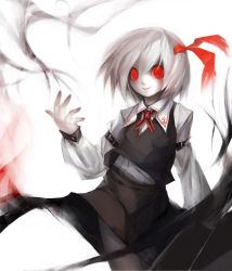 Rule 34 | 1girl, darkness, dress, female focus, hair ribbon, highres, looking at viewer, red eyes, ribbon, rumia, short hair, silver hair, smile, solo, spark621, touhou
