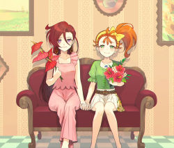 Rule 34 | 2girls, asymmetrical bangs, bare arms, bare legs, belt, blush, bouquet, bow, bow hairband, brown belt, brown hair, checkered floor, closed mouth, collarbone, dolphin pendant, dress shirt, flower, green eyes, green shirt, hair between eyes, hair bow, hairband, hibiscus, high ponytail, highres, holding, holding bouquet, holding hands, indoors, interlocked fingers, long hair, looking at viewer, miniskirt, multiple girls, natsuumi manatsu, pants, parted lips, pink pants, pink shirt, pleated skirt, precure, purple eyes, red flower, red hair, shirt, short sleeves, side ponytail, sitting, skirt, sleeveless, sleeveless shirt, smile, takizawa asuka, tropical-rouge! precure, very long hair, white flower, white skirt, yellow bow, yellow hairband, yuzu sato