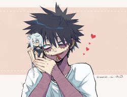 Rule 34 | 2boys, alternate costume, black hair, black shirt, boku no hero academia, brown background, burn scar, commentary request, dabi (boku no hero academia), ear piercing, fangs, forked tongue, grey eyes, grey shirt, hair between eyes, hands up, heart, highres, holding person, looking at another, male focus, mini person, miniboy, monster boy, mouse boy, mouse tail, multiple boys, open mouth, piercing, scar, shigaraki tomura, shirt, snake boy, sweat, tail, tongue, twitter username, upper body, white background, yaoi, yu shi (ametoki ichi)