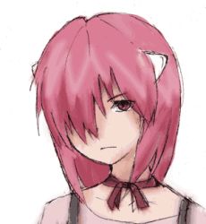 Rule 34 | 00s, 1girl, elfen lied, hair over one eye, horns, lowres, lucy (elfen lied), medium hair, pink eyes, pink hair, simple background, tagme, white background