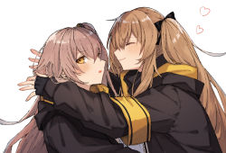 Rule 34 | 2girls, :o, armband, black gloves, black jacket, black ribbon, blush, brown eyes, brown hair, closed eyes, closed mouth, coyucom, crossed bangs, fingerless gloves, girls&#039; frontline, gloves, hair ornament, hair ribbon, heart, hood, hood down, hooded jacket, hug, jacket, long hair, long sleeves, looking away, multiple girls, one side up, parted lips, profile, ribbon, sidelocks, simple background, smile, twintails, ump45 (girls&#039; frontline), ump9 (girls&#039; frontline), upper body, white background