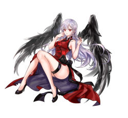 Rule 34 | 1girl, 96dgd, black bow, black wings, bow, breasts, character request, china dress, chinese clothes, closers, dress, full body, high heels, highres, large breasts, legs together, long hair, looking at viewer, pale skin, red eyes, side slit, silver hair, solo, thigh strap, thighs, wind, wings