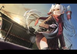 Rule 34 | 1girl, absurdres, amatsukaze (kancolle), brown dress, commentary request, dress, dutch angle, garter straps, gloves, gradient sky, hair tubes, highres, kantai collection, kotoba suzu, long hair, looking up, neckerchief, red scarf, sailor dress, scarf, ship, single glove, sky, solo, sunset, thighhighs, two side up, watercraft, white gloves, white hair, white neckerchief, yellow eyes
