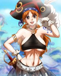 Rule 34 | 1girl, breasts, curvy, female focus, fishman island, gloves, hand on own hip, hat, highres, large breasts, looking at viewer, midriff, miniskirt, nami (one piece), navel, official alternate costume, one piece, one piece film: red, orange eyes, orange hair, pirate costume, pirate hat, rakara11 (rakkarts), skirt, smile, solo, sweat, sword, thighhighs, underboob, weapon, wide hips