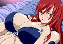 Rule 34 | 1girl, areola slip, bed, black eyes, blue bra, blush, bra, breasts, cleavage, collarbone, erza scarlet, fairy tail, large breasts, long hair, looking away, lying, nel-zel formula, pillow, red hair, shiny skin, simple background, solo, sweat, tattoo, underwear, upper body