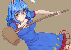 Rule 34 | 1girl, :&lt;, animal ears, blue dress, blue hair, breasts, dress, expressionless, kakone, kine, large breasts, looking at viewer, mallet, outline, rabbit ears, red eyes, seiran (touhou), short sleeves, solo, star (symbol), star print, touhou, white outline