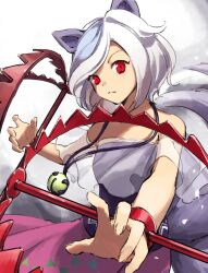 Rule 34 | 1girl, animal ears, closed mouth, commentary request, dog ears, dog tail, bear trap, grey hair, highres, kaigen 1025, mitsugashira enoko, multiple tails, pink skirt, purple shirt, red eyes, shirt, short hair, skirt, solo, tail, touhou, unfinished dream of all living ghost