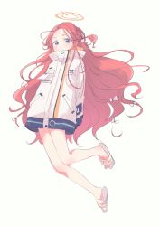 Rule 34 | 1girl, bare legs, blue archive, blush, bow, closed mouth, coat, forehead, full body, hair bow, halo, highres, kyuuri (miyako), long hair, long sleeves, purple eyes, red hair, sandals, simple background, solo, very long hair, white bow, white coat, white footwear, yellow background, yuzu (blue archive)