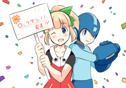 Rule 34 | !, !!, 1boy, 1girl, android, aoyama sou, arm cannon, armor, blonde hair, blue eyes, blunt bangs, blush, bow, capcom, confetti, dress, eyebrows, fringe trim, green bow, green ribbon, hair bow, heart, helmet, holding, holding sign, hooded dress, japanese text, long hair, looking at viewer, mega man (character), mega man (classic), mega man (series), mega man 11, no humans, one eye closed, open mouth, ponytail, ribbon, robot, roll (mega man), sidelocks, sign, simple background, smile, text focus, weapon, white background, wink, zipper