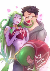 Rule 34 | 1boy, 1girl, absurdres, bare shoulders, bikini, bikini top only, blush, breasts, carrying, choker, colored skin, commissioner insert, copyright request, couple, desdemona (mitchell), desdemona (mitchell), echidna (monster girl encyclopedia), glasses, green hair, happy, heart, highres, hood, hoodie, lamia, large breasts, loincloth, monster girl, monster girl encyclopedia, princess carry, simple background, snake hair, source request, swimsuit, valentine, valentine post, watermark, yellow eyes, zee n3