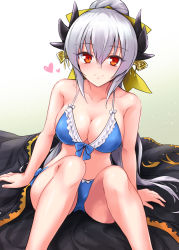Rule 34 | 1girl, bikini, bow, breasts, cleavage, fate/grand order, fate (series), hair bow, highres, horns, kiyohime (fate), kiyohime (fate/grand order), kiyohime (swimsuit lancer) (fate), kiyohime (swimsuit lancer) (third ascension) (fate), large breasts, long hair, looking at viewer, marugoshi (54burger), ponytail, red eyes, silver hair, smile, solo, swimsuit, yellow eyes
