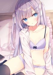 Rule 34 | 1girl, bare shoulders, bed, black thighhighs, blue eyes, bow, bow bra, bra, breasts, collarbone, collared shirt, commentary request, flower, frilled bra, frilled panties, frilled pillow, frills, hair bow, hair flower, hair ornament, highres, hoshi (snacherubi), long hair, long sleeves, looking at viewer, navel, off shoulder, on bed, open clothes, open shirt, original, panties, pillow, purple bra, purple hair, purple panties, shirt, sitting, small breasts, solo, thighhighs, two side up, underwear, very long hair, white bow, white shirt, yellow flower