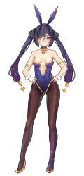 Rule 34 | 1girl, adapted costume, animal ears, armband, bare shoulders, black choker, black hair, blue eyes, breasts, brown pantyhose, center opening, choker, contrapposto, covered navel, fake animal ears, full body, genshin impact, gold trim, groin, hair ribbon, hairband, hands on own hips, high heels, highleg, highleg leotard, highres, leotard, long hair, long legs, looking at viewer, medium breasts, mona (genshin impact), pantyhose, playboy bunny, purple leotard, rabbit ears, ribbon, shoes, smile, solo, standing, strapless, strapless leotard, terebi (shimizu1996), thighs, twintails, wrist cuffs, yellow footwear