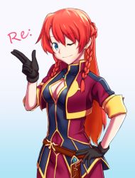 Rule 34 | 1girl, ;), black gloves, blue eyes, braid, breasts, cleavage, cleavage cutout, clothing cutout, copyright name, crown braid, gloves, gradient background, hair between eyes, hand on own hip, highres, long hair, medium breasts, one eye closed, re:creators, red hair, selesia upitiria, shinachiku (uno0101), smile, solo, standing, twin braids