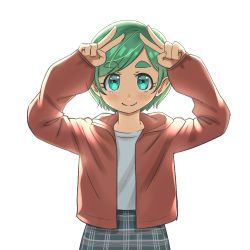 Rule 34 | 1girl, arms up, cardigan, double v, futomayu-chan (sinohira rin), green hair, highres, looking at viewer, original, plaid, plaid skirt, red cardigan, shirt, short hair, simple background, sinohira rin, skirt, smile, solo, upper body, v, white background, white shirt