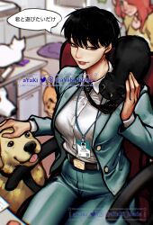 Rule 34 | 2girls, animal, animal on shoulder, artist name, ayaki blade, black hair, blurry, breasts, brown eyes, cat, cat on shoulder, chair, chromatic aberration, commentary request, depth of field, desk, dog, formal, green eyes, green jacket, green pants, green suit, highres, id card, jacket, lanyard, large breasts, multiple girls, office chair, office lady, original, pants, paper, parted lips, petting, red-haired girl (ayaki), red hair, short hair, sitting, smile, suit, swivel chair, tomoka (ayaki), translated, twitter username, watermark