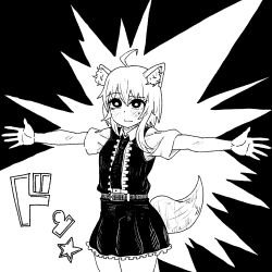 Rule 34 | 1girl, ahoge, animal ear fluff, animal ears, asymmetrical hair, belt, blush, bright pupils, center frills, closed mouth, collared shirt, commentary request, cookie (touhou), cowboy shot, expressionless, fox ears, fox girl, fox tail, frills, greyscale, hair between eyes, highres, medium hair, miramikaru riran, monochrome, necktie, psychic parrot, shirt, short sleeves, sidelocks, skirt, solo, sweatdrop, t-pose, tail, vest