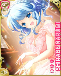 Rule 34 | 1girl, alternate hairstyle, blue eyes, blue hair, card (medium), character name, curly hair, day, dress, from side, girlfriend (kari), instrument, jewelry, long hair, matching hair/eyes, necklace, official art, open mouth, pearl necklace, piano, qp:flapper, shirabe narumi, shirt, sitting, smile, solo, sparkle, tagme, white dress, white shirt, aged down
