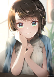 Rule 34 | 1girl, 2021, absurdres, arm rest, artist name, blouse, blurry, blurry background, braid, brown hair, commentary request, day, depth of field, drawing (object), green eyes, grey shirt, grin, hair ornament, hand up, head rest, highres, hololive, indoors, kusunoki r, looking at viewer, oozora subaru, oozora subaru (work), picture frame, plant, shirt, short hair, side braid, sleeveless, sleeveless shirt, smile, solo, star (symbol), star hair ornament, striped clothes, striped shirt, sunlight, swept bangs, vertical-striped clothes, vertical-striped shirt, virtual youtuber, window