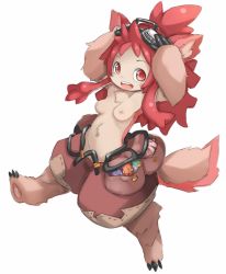 Rule 34 | 1girl, alternate universe, animal ears, breasts, furry, furry female, goggles, goggles on head, highres, karukan (monjya), looking at viewer, made in abyss, medium breasts, mitty (made in abyss), mitty (made in abyss) (furry), nipples, red eyes, red hair, smile, solo, tail, topless