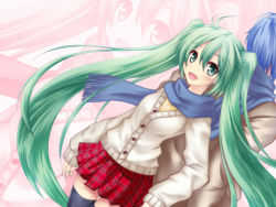 Rule 34 | 1boy, 1girl, :d, back-to-back, bad id, bad pixiv id, blue hair, blue scarf, cardigan, green eyes, green hair, hatsune miku, kaito (vocaloid), long hair, maou mikage, mikage (artist), open mouth, plaid, plaid skirt, scarf, shared clothes, shared scarf, skirt, smile, thighhighs, twintails, very long hair, vocaloid, zoom layer