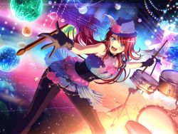 Rule 34 | 1girl, artist request, bang dream!, bare shoulders, blush, dress, drumsticks, gloves, green eyes, hat, long hair, music, official art, open mouth, red hair, smile, teeth, tongue, udagawa tomoe