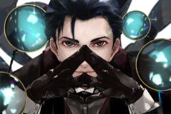 Rule 34 | 1boy, black bow, black bowtie, black gloves, black hair, black jacket, bow, bowtie, collared shirt, fate/grand order, fate (series), formal, gloves, green eyes, jacket, kdm (ke dama), light smile, long sleeves, looking at viewer, male focus, neckwear request, sherlock holmes (fate), shirt, short hair, smile, solo, suit, upper body, white shirt