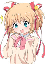 Rule 34 | 1girl, :d, ahoge, aqua eyes, blonde hair, blush, bow, commentary, hair between eyes, hair ornament, hair ribbon, hands up, happy, highres, kamikita komari, little busters!, long ribbon, looking down, open mouth, pink bow, red ribbon, ribbon, short hair, silky (silky illust), simple background, sleeves past wrists, smile, smug, solo, sparkle, star (symbol), star hair ornament, sweater, tareme, two side up, v-shaped eyebrows, white background, yellow sweater