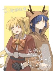 Rule 34 | 2girls, ahoge, animal costume, antlers, bell, black gloves, blonde hair, blue hair, bocchi the rock!, border, bright pupils, chinese commentary, chinese text, commentary request, dress, gloves, hair ornament, hairclip, highres, horns, ijichi nijika, locked arms, long hair, looking at viewer, multiple girls, neck bell, open mouth, orange eyes, parted lips, reindeer antlers, reindeer costume, santa dress, short hair, side ponytail, simple background, smile, translation request, white border, white pupils, yamada ryo, yanlingjinshilihuahua, yellow background