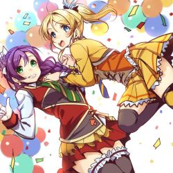Rule 34 | 10s, 2girls, :d, ajishio, alternate hairstyle, ayase eli, balloon, blonde hair, blue eyes, braid, confetti, cropped jacket, crown braid, earrings, feather hair ornament, feathers, frilled legwear, green eyes, grin, hair ornament, hair over shoulder, hand on another&#039;s shoulder, holding hands, jewelry, long sleeves, looking back, love live!, love live! school idol festival, love live! school idol project, multiple girls, necktie, open mouth, over-kneehighs, pleated skirt, ponytail, purple hair, single braid, skirt, smile, spade (shape), spade earrings, striped necktie, striped neckwear, thighhighs, tojo nozomi, vest