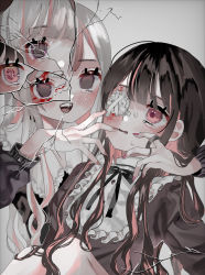 Rule 34 | 2girls, :d, absurdres, black ribbon, blood, blood on face, blunt bangs, blush, broken glass, brown hair, buttons, clothing request, colored inner hair, commentary request, eyelashes, eyepatch, facing viewer, feet out of frame, gauze, glass, grey background, grey eyes, hanataro (sruvhqkehy1zied), hand in another&#039;s hair, hands up, highres, knees up, long hair, looking at another, multicolored hair, multiple girls, nail polish, one eye covered, open hands, open mouth, original, parted lips, pink eyes, pink hair, pink nails, ribbon, simple background, sleeves past elbows, smile, sweat, teeth, tongue, two-tone hair, upper body, upper teeth only, white hair