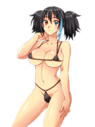 1futa bikini black_bikini black_hair blue_eyes breasts bulge flaccid futanari heterochromia large_breasts micro_bikini navel red_eyes solo standing swimsuit tagme utau yokune_ruko