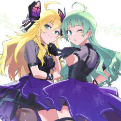 Rule 34 | 2girls, ahoge, animal print, black gloves, black shirt, black shorts, blonde hair, blowing kiss, blue eyes, blunt bangs, bow, breasts, bug, butterfly, butterfly hair ornament, butterfly print, cleavage, closed mouth, cowboy shot, from behind, from side, gloves, green eyes, green hair, hair ornament, hand up, hoshii miki, idolmaster, idolmaster (classic), idolmaster million live!, idolmaster million live! theater days, insect, large breasts, long hair, looking at viewer, looking back, medium breasts, multiple girls, neck ribbon, one eye closed, open mouth, print skirt, purple bow, purple ribbon, purple skirt, reaching, reaching towards viewer, ribbon, see-through, see-through cleavage, see-through sleeves, shimabara elena, shirop imas, shirt, shorts, shorts under skirt, single glove, skirt, smile, standing, thigh strap, white background