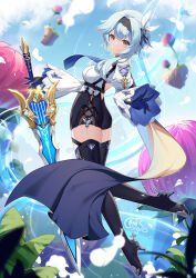 Rule 34 | 1girl, artist name, backless outfit, black hairband, blue cape, blue gloves, blue hair, blue necktie, blue sky, boots, breasts, cape, chest harness, closed mouth, clothing cutout, cloud, cross-laced clothes, cross-laced cutout, day, eula (genshin impact), falling feathers, feathers, floating, flower, from side, full body, genshin impact, gloves, greatsword, hair between eyes, hair ornament, hairband, harness, high-waist shorts, highres, holding, holding sword, holding weapon, leaf, legs up, light smile, long sleeves, looking at viewer, medium breasts, medium hair, necktie, orange eyes, oversized flower, pink flower, shorts, shoulder cutout, sidelocks, sky, solo, song of broken pines (genshin impact), sword, thigh boots, two-tone gloves, weapon, white sleeves, wide sleeves, yu e baba