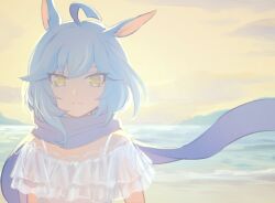 Rule 34 | 1girl, ahoge, animal ears, blue hair, blue scarf, closed mouth, light blue hair, looking at viewer, mel6969, ocean, off-shoulder shirt, off shoulder, rabbit ears, rabbit girl, scarf, shirt, short hair, short sleeves, show by rock!!, smile, solo, sunset, uiui (show by rock!!), white shirt
