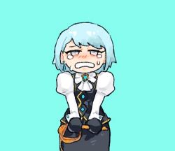 Rule 34 | 1girl, ace attorney, ascot, black gloves, black skirt, black vest, blue background, blue hair, blush, brooch, buttons, capcom, chibi, clenched teeth, cowboy shot, crying, earrings, embarrassed, female focus, flat chest, franziska von karma, gloves, godzillapigeon1, grey eyes, half-closed eyes, holding, holding whip, jewelry, juliet sleeves, long sleeves, looking at viewer, nose blush, pencil skirt, phoenix wright: ace attorney - justice for all, puffy sleeves, shirt, short hair, sidelocks, simple background, skirt, solo, standing, straight-on, swept bangs, tears, teeth, vest, white ascot, white shirt