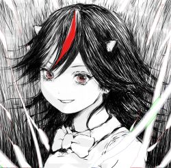 Rule 34 | 1girl, black hair, bow, bowtie, eyelashes, faux traditional media, hatching (texture), horns, kijin seija, linear hatching, magic, matsushiro sasaka, monochrome, multicolored hair, red eyes, shirt, smile, solo, spot color, touhou, two-tone hair, upper body