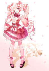 Rule 34 | 1girl, cherry blossoms, colored eyelashes, dress, floral print, flower, frilled dress, frills, hair flower, hair ornament, hatsune miku, headset, highres, kokyuu (youxiangzhou), long hair, mary janes, necktie, one eye closed, pantyhose, petals, pigeon-toed, pink eyes, pink hair, pink pantyhose, print pantyhose, sakura miku, shoes, skirt, smile, solo, twintails, very long hair, vocaloid, white background