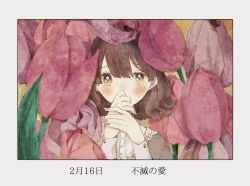 Rule 34 | 1girl, blush, border, brown hair, covering own mouth, dated, flower, grey border, grey nails, hands up, leaf, long sleeves, looking at viewer, momo walnut, nail polish, original, purple flower, purple tulip, short hair, solo, tulip, yellow eyes