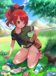 Rule 34 | 1girl, :o, animal, bad id, bad pixiv id, bag, belt, black bow, bow, brown eyes, buttons, camera, cat, cloud, crop top, cross-laced footwear, dappled sunlight, day, dutch angle, flower, grass, hair bow, handbag, handkerchief, holding, jacket, kneeling, kurokilo, long hair, looking away, midriff, mountain, nemophila (flower), notebook, on ground, open clothes, open jacket, original, outdoors, paper, pen, ponytail, purple flower, red hair, scrunchie, shade, shirt, shoes, short sleeves, shorts, shoulder bag, sketchbook, sky, sneakers, solo, sunlight, swept bangs, t-shirt, test tube, thermos, tree, unbuttoned, wallet, water, white flower, white shorts, yellow bow, zipper