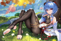 Rule 34 | 1girl, ahoge, ass, bare shoulders, bell, black gloves, blue hair, bodystocking, breasts, cowbell, day, detached collar, detached sleeves, feet, ganyu (genshin impact), genshin impact, gloves, goat horns, gold trim, hair between eyes, hand on own chest, highres, horns, leg up, long hair, long sleeves, looking at viewer, lying, medium breasts, nail polish, nekoda (maoda), on back, outdoors, purple eyes, reclining, revision, shiny clothes, smile, solo, stirrup legwear, toeless legwear, toenail polish, toenails, tree