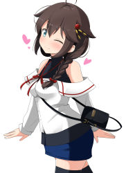 Rule 34 | 1girl, absurdres, ahoge, aikawa ryou, bag, bare shoulders, blue eyes, blush, braid, brown hair, commentary request, from side, hair flaps, hair ornament, hair over shoulder, hair ribbon, highres, kantai collection, long hair, official alternate costume, one eye closed, ribbon, school uniform, serafuku, shigure (kancolle), shigure kai ni (kancolle), simple background, single braid, skirt, smile, solo, white background