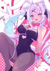 Rule 34 | 1girl, ace (playing card), ace of hearts, amaguri (guri 0330), animal ears, arms behind back, bare shoulders, black leotard, black pantyhose, blue hair, blush, bow, bowtie, breasts, card, cat ears, cat girl, chest harness, clothing cutout, cuffs, cutout above navel, detached collar, fake animal ears, fake tail, hair ornament, hair ribbon, hairband, handcuffs, harness, heart, heart cutout, highres, hololive, large breasts, leotard, long hair, multicolored hair, necktie, nekomata okayu, open mouth, pantyhose, pink bow, pink bowtie, pink necktie, playboy bunny, playing card, pole, purple eyes, purple hair, rabbit ears, rabbit hair ornament, rabbit hole (vocaloid), rabbit tail, restrained, ribbon, solo, spaghetti strap, stripper pole, tail, teardrop, teardrop facial mark, teeth, twintails, two-tone hair, upper teeth only, virtual youtuber, white hairband