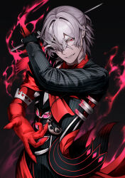 Rule 34 | 1boy, absurdres, antonio salieri (fate), antonio salieri (second ascension) (fate), ascot, black gloves, black suit, fate/grand order, fate (series), fire, formal, gloves, grey hair, hair between eyes, half mask, half updo, highres, holding, long sleeves, looking at viewer, male focus, mask, medallion, pants, pinstripe jacket, pinstripe pants, pinstripe pattern, pinstripe suit, red ascot, red eyes, short hair, smile, solo, striped suit, suit, sumi (gfgf 045), weapon, white hair